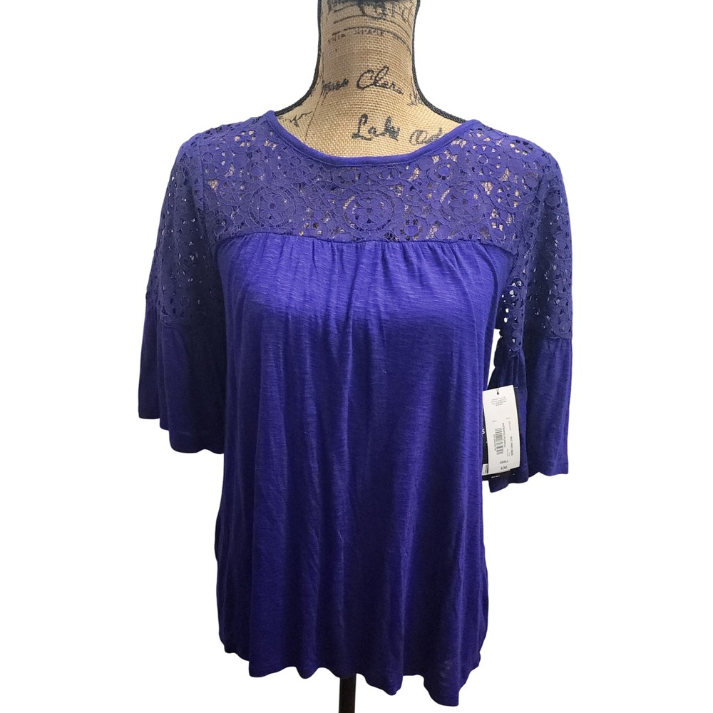 a.n.a. Purple Lace Top Size S Bell Sleeve Blouse New with Tags